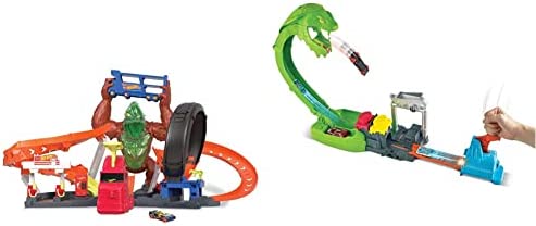 Cheap Toxic Gorilla Slam Gas Station & Tire Repair Shop Playset With Adjustable Launcher Lights & Sounds & 1 1:64 Scale Car Connects To Other Track Sets Gift For Kids 5 Years Old & Up - Interactive Racing Play Set