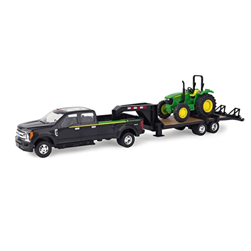 ERTL 1:32 Scale Ford F350 Pickup And Tractor Set — Includes John Deere Tractor Ford F350 Pickup And Gooseneck Trailer — 17.25 X 3.2 X 4.5 Inches — Ages 3 Years And Up - Detailed Work Vehicle Toy