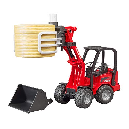 02192 Schaffer Compact Loader 2630 Farm Tractor With Shovel Bale Gripper And 1 Round Hay Bal - Detailed Work Vehicle Toy