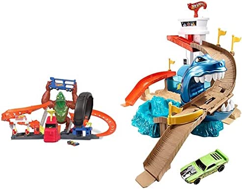 Cheap Toxic Gorilla Slam Gas Station & Tire Repair Shop Playset With Adjustable Launcher Lights & Sounds & 1 1:64 Scale Car Connects To Other Track Sets Gift For Kids 5 Years Old & Up - Interactive Racing Play Set