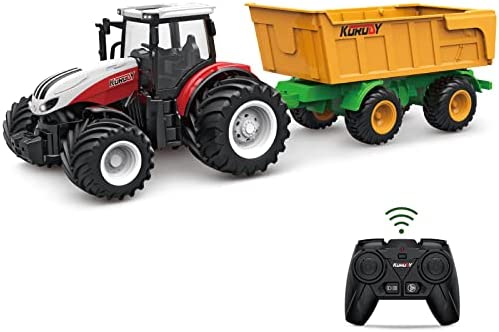 RC Tractor Remote Control Farm Truck With Trailer 1/24 Scale 2.4Ghz Electronic Tractor Farm Vehicle Toy With Light For Kids Age 5 6 7 8 9 And Up Years Old - Detailed Work Vehicle Toy