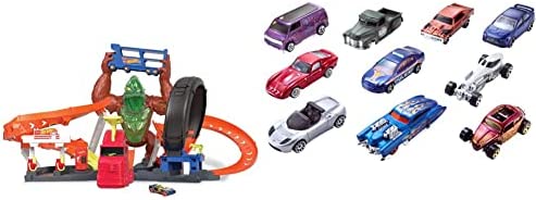 Cheap Toxic Gorilla Slam Gas Station & Tire Repair Shop Playset With Adjustable Launcher Lights & Sounds & 1 1:64 Scale Car Connects To Other Track Sets Gift For Kids 5 Years Old & Up - Interactive Racing Play Set