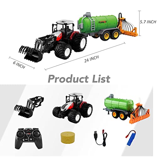 Remote Control Tractor Toy RC Truck With Trailer Farm Vehicle Toys Barrel Trailer With Spread Tubes Frontloader 1/24 Scale 2.4Ghz Farm Playset Toy For Kids Age 5 6 7 8 9 Up Years Old - Detailed Work Vehicle Toy