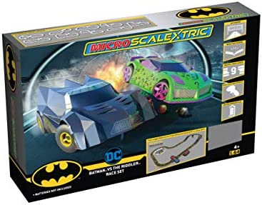 Micro Scalextric Justice League Batman Vs Joker Battery Powered 1:64 Slot Car Race Track Set G1155T Black - Interactive Racing Play Set