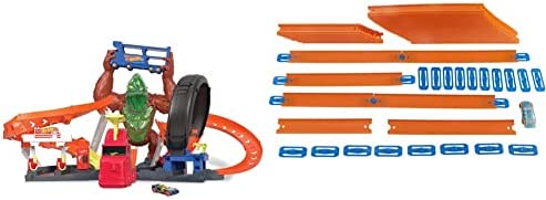Cheap Toxic Gorilla Slam Gas Station & Tire Repair Shop Playset With Adjustable Launcher Lights & Sounds & 1 1:64 Scale Car Connects To Other Track Sets Gift For Kids 5 Years Old & Up - Interactive Racing Play Set