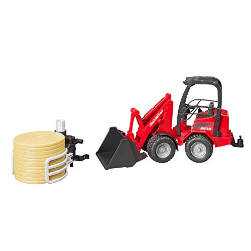 02192 Schaffer Compact Loader 2630 Farm Tractor With Shovel Bale Gripper And 1 Round Hay Bal - Detailed Work Vehicle Toy