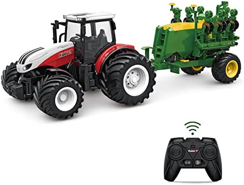 RC Tractor Remote Control Farm Truck With Trailer 1/24 Scale 2.4Ghz Electronic Tractor Farm Vehicle Toy With Light For Kids Age 5 6 7 8 9 And Up Years Old - Detailed Work Vehicle Toy
