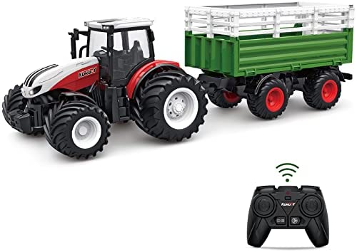 RC Tractor Remote Control Farm Truck With Trailer 1/24 Scale 2.4Ghz Electronic Tractor Farm Vehicle Toy With Light For Kids Age 5 6 7 8 9 And Up Years Old - Detailed Work Vehicle Toy