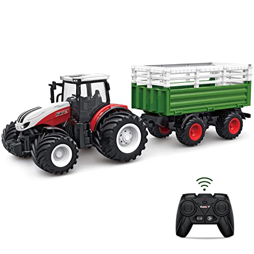 RC Tractor Remote Control Farm Truck With Trailer 1/24 Scale 2.4Ghz Electronic Tractor Farm Vehicle Toy With Light For Kids Age 5 6 7 8 9 And Up Years Old - Detailed Work Vehicle Toy