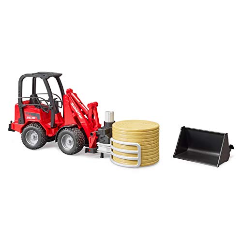 02192 Schaffer Compact Loader 2630 Farm Tractor With Shovel Bale Gripper And 1 Round Hay Bal - Detailed Work Vehicle Toy