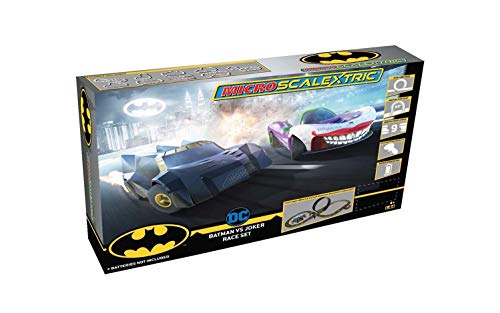 Micro Scalextric Justice League Batman Vs Joker Battery Powered 1:64 Slot Car Race Track Set G1155T Black - Interactive Racing Play Set