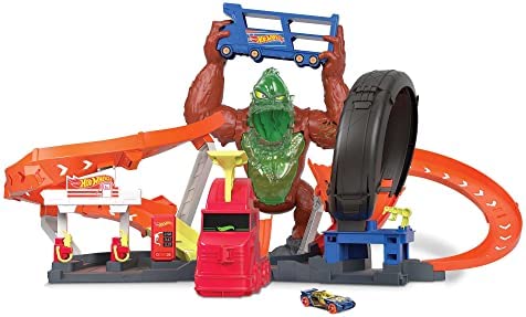 Cheap Toxic Gorilla Slam Gas Station & Tire Repair Shop Playset With Adjustable Launcher Lights & Sounds & 1 1:64 Scale Car Connects To Other Track Sets Gift For Kids 5 Years Old & Up - Interactive Racing Play Set