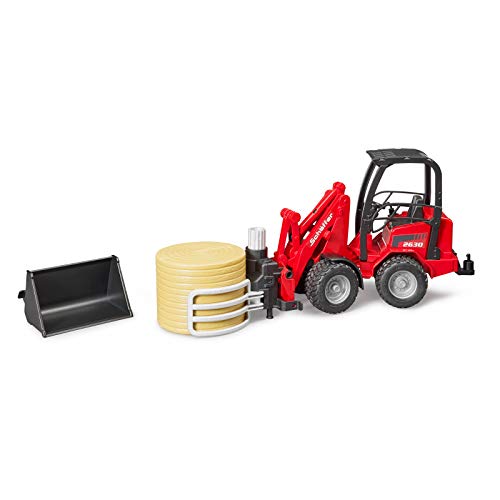 02192 Schaffer Compact Loader 2630 Farm Tractor With Shovel Bale Gripper And 1 Round Hay Bal - Detailed Work Vehicle Toy