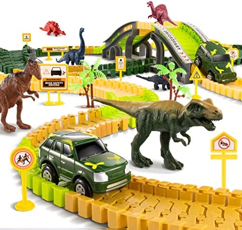 New Dinosaur Train Toys For Kids Longer Track 6 Realistic Jurassic Dino Figures 2 Electric Toy Car Twisted Flexible Train Track Set For Toddlers Boys & Girls 3 4 5 6 7 Years - Interactive Racing Play Set