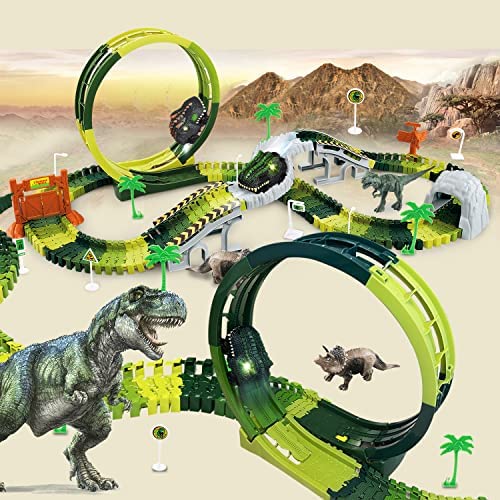 Inodoo Magic Tracks For Boys Girls Kids 144Pcs Flexible Glow In The Dark Race Track With LED Light-Up Dinosaur Race Car STEM Building Slot Car Toys well-suited Christmas Birthday Gifts For Aged 4-8 Dinosaur Race Track - Interactive Racing Play Set