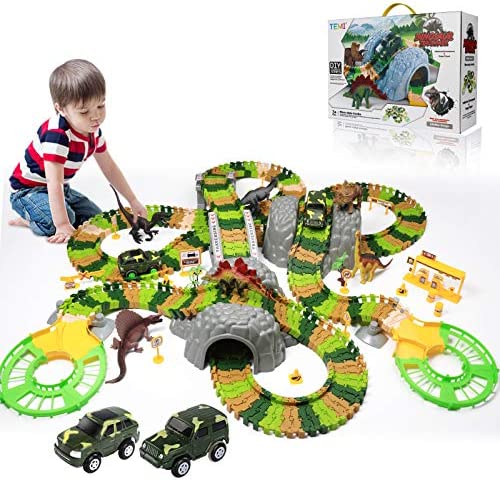 New Dinosaur Train Toys For Kids Longer Track 6 Realistic Jurassic Dino Figures 2 Electric Toy Car Twisted Flexible Train Track Set For Toddlers Boys & Girls 3 4 5 6 7 Years - Interactive Racing Play Set