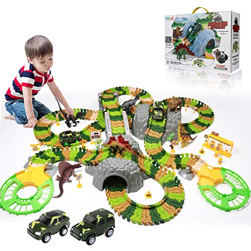 New Dinosaur Train Toys For Kids Longer Track 6 Realistic Jurassic Dino Figures 2 Electric Toy Car Twisted Flexible Train Track Set For Toddlers Boys & Girls 3 4 5 6 7 Years - Interactive Racing Play Set