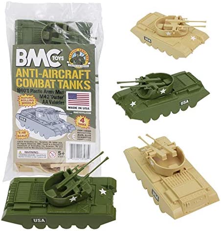 Promo Lassic Payton Anti-Aircraft Tanks – 4pc Tan Green Plastic Army Men Vehicle - Train Adventure Collection