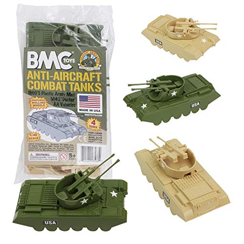 Promo Lassic Payton Anti-Aircraft Tanks – 4pc Tan Green Plastic Army Men Vehicle - Train Adventure Collection