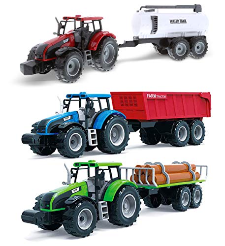 Friction Powered Farm Tractor Vehicles 16.5 Includes Farmer Tractor Water Tank And Log Trailer Push & Go No Batteries Needed (3pc Set) - Detailed Work Vehicle Toy
