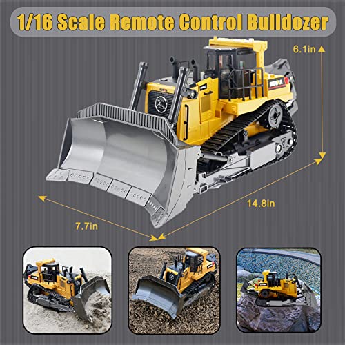 Bnam Remote Control Bulldozer RC 1/16 Full Functional Construction Vehicle 2.4Ghz 9 Channel Dozer Front Loader Toy With Light And Sound For Kids Age 6 7 8 9 10 And Up Years Old - Detailed Work Vehicle Toy