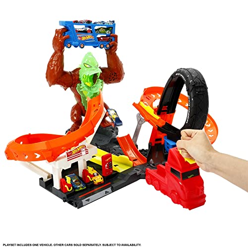 Cheap Toxic Gorilla Slam Gas Station & Tire Repair Shop Playset With Adjustable Launcher Lights & Sounds & 1 1:64 Scale Car Connects To Other Track Sets Gift For Kids 5 Years Old & Up - Interactive Racing Play Set