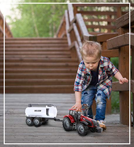 Friction Powered Farm Tractor Vehicles 16.5 Includes Farmer Tractor Water Tank And Log Trailer Push & Go No Batteries Needed (3pc Set) - Detailed Work Vehicle Toy