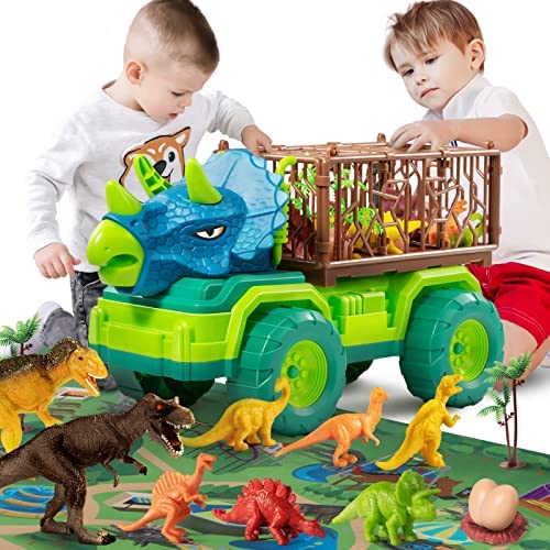 Budget Dinosaur Truck Toys For Kids 3-5 Years Tyrannosaurus Transport Car Carrier Truck With 8 Dino Figures Activity Play Mat Dinosaur Eggs Capture Jurassic Dinosaur Play Set For Boys And Girls - Interactive Racing Play Set