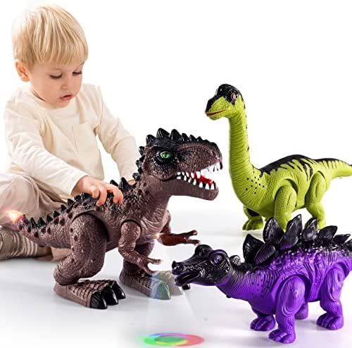 New 3 Pack Electric Walking Dinosaur Toys For Toddlers 2-4 3-5 Years With Roar Sounds And Lights Up Realistic Robot T-Rex Brachiosaurus Stegosaurus Dinosaur Figures For Kids - Interactive Racing Play Set
