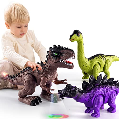 New 3 Pack Electric Walking Dinosaur Toys For Toddlers 2-4 3-5 Years With Roar Sounds And Lights Up Realistic Robot T-Rex Brachiosaurus Stegosaurus Dinosaur Figures For Kids - Interactive Racing Play Set
