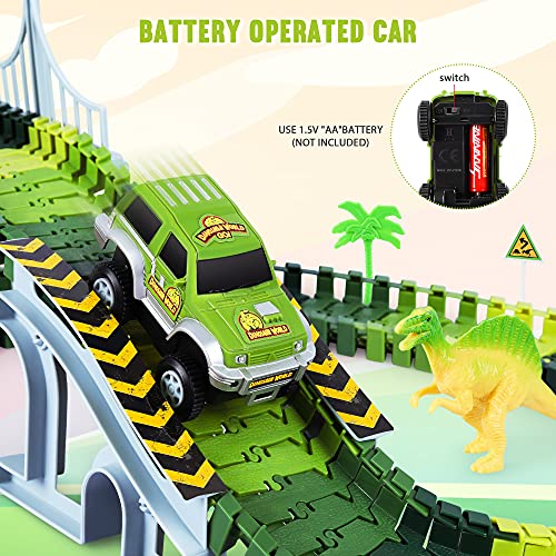 Deals Dinosaur Toys-187 Pcs Create A Dinosaur World Road Race Flexible Track Playset 4 Dinosaurs-2 Race Cars For 3 4 5 6 Years Up Old Boys Girls well-suited Gift - Interactive Racing Play Set