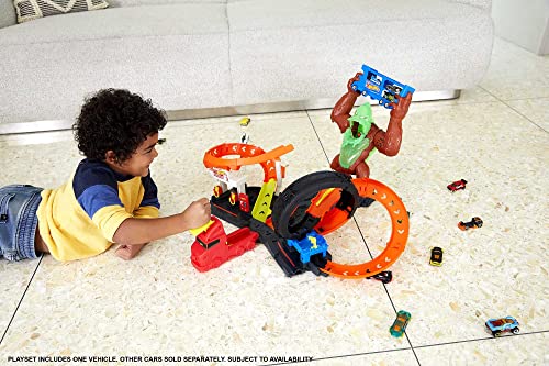 Cheap Toxic Gorilla Slam Gas Station & Tire Repair Shop Playset With Adjustable Launcher Lights & Sounds & 1 1:64 Scale Car Connects To Other Track Sets Gift For Kids 5 Years Old & Up - Interactive Racing Play Set