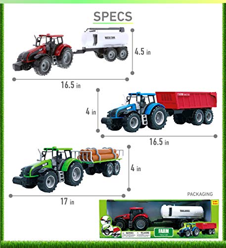 Friction Powered Farm Tractor Vehicles 16.5 Includes Farmer Tractor Water Tank And Log Trailer Push & Go No Batteries Needed (3pc Set) - Detailed Work Vehicle Toy