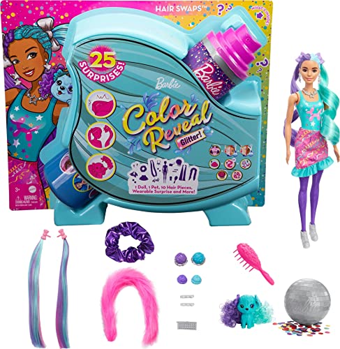 New Color Reveal Doll Glittery Purple With 25 Hairstyling & Party-Themed Surprises Including 10 Plug-in Hair Pieces Gift For Kids 3 Years Old & Up - Train Adventure Collection