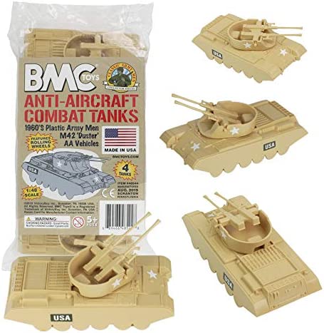 Promo Lassic Payton Anti-Aircraft Tanks – 4pc Tan Green Plastic Army Men Vehicle - Train Adventure Collection