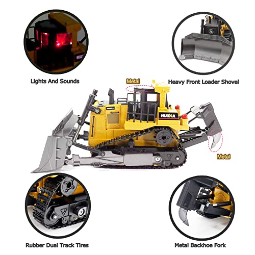 Bnam Remote Control Bulldozer RC 1/16 Full Functional Construction Vehicle 2.4Ghz 9 Channel Dozer Front Loader Toy With Light And Sound For Kids Age 6 7 8 9 10 And Up Years Old - Detailed Work Vehicle Toy