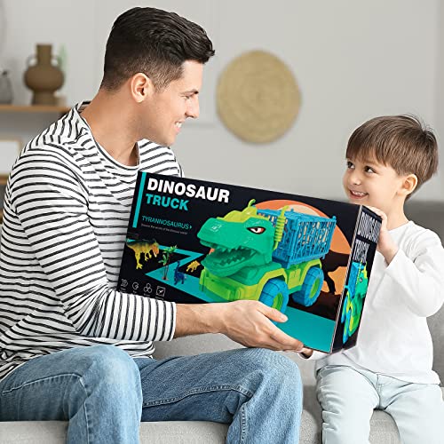 Budget Dinosaur Truck Toys For Kids 3-5 Years Tyrannosaurus Transport Car Carrier Truck With 8 Dino Figures Activity Play Mat Dinosaur Eggs Capture Jurassic Dinosaur Play Set For Boys And Girls - Interactive Racing Play Set