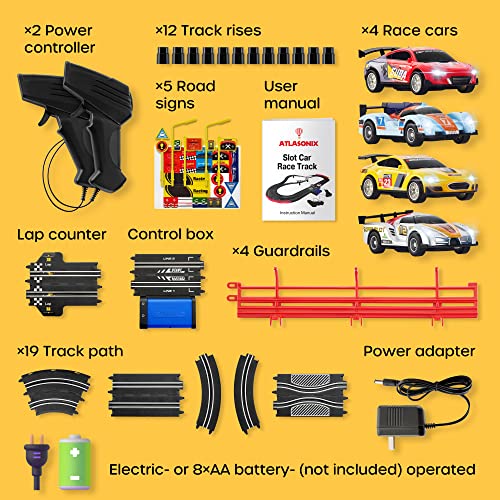 Slot Car Race Track Sets – Battery Or Electric Race Car Track With 4 Cars Dual Electric Race Track W/ 2 Remotes Lap Counter & Lights For Girls & Boys Age 8-12 - Interactive Racing Play Set