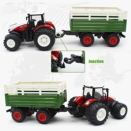 RC Tractor Remote Control Farm Truck With Trailer 1/24 Scale 2.4Ghz Electronic Tractor Farm Vehicle Toy With Light For Kids Age 5 6 7 8 9 And Up Years Old - Detailed Work Vehicle Toy