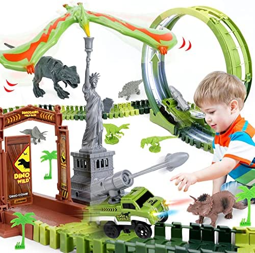 174 PCS Dinosaur Toys Race Track Flexible Train Tracks With 8 Dinosaurs Figures 2 Electric Race Cars Vehicle Playset With Lights To Create A Dinosaur World Road Race For Toddlers Kids Boys Girls - Interactive Racing Play Set