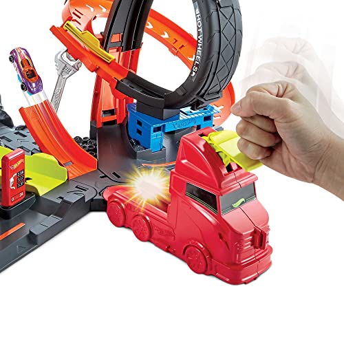 Cheap Toxic Gorilla Slam Gas Station & Tire Repair Shop Playset With Adjustable Launcher Lights & Sounds & 1 1:64 Scale Car Connects To Other Track Sets Gift For Kids 5 Years Old & Up - Interactive Racing Play Set
