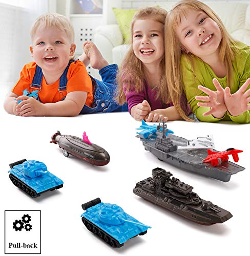 Aircraft Carrier Pullback Mini Military Toy Playset With Fighter Jets Stealth Bomber Tank Warship Submarine (8 Pieces) - Underwater Exploration Collection