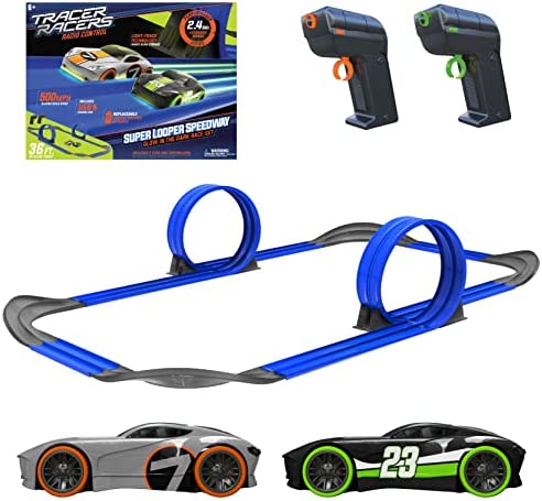 Mote Control Cordless Glow In The Dark High-Speed Super Loop Speedway Track Set With Two Cars For Dual Racing Glow Blue Blue Glow - Interactive Racing Play Set