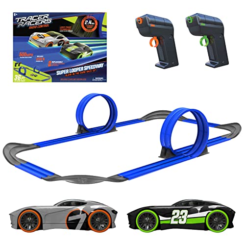 Mote Control Cordless Glow In The Dark High-Speed Super Loop Speedway Track Set With Two Cars For Dual Racing Glow Blue Blue Glow - Interactive Racing Play Set