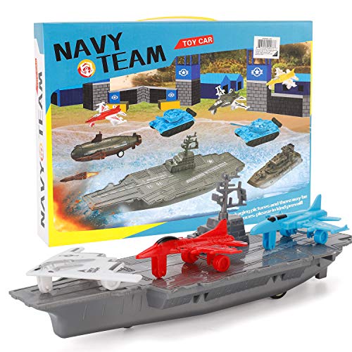 Aircraft Carrier Pullback Mini Military Toy Playset With Fighter Jets Stealth Bomber Tank Warship Submarine (8 Pieces) - Underwater Exploration Collection