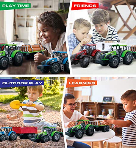 Friction Powered Farm Tractor Vehicles 16.5 Includes Farmer Tractor Water Tank And Log Trailer Push & Go No Batteries Needed (3pc Set) - Detailed Work Vehicle Toy