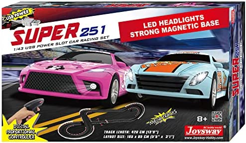 Super 251 USB Power Slot Car Racing Set LED Headlights Strong Magnetic Base Mechanical Lap Counter & Powerbase Integrated As Combo Track For Ages 8 And Up - Interactive Racing Play Set