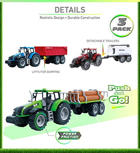 Friction Powered Farm Tractor Vehicles 16.5 Includes Farmer Tractor Water Tank And Log Trailer Push & Go No Batteries Needed (3pc Set) - Detailed Work Vehicle Toy