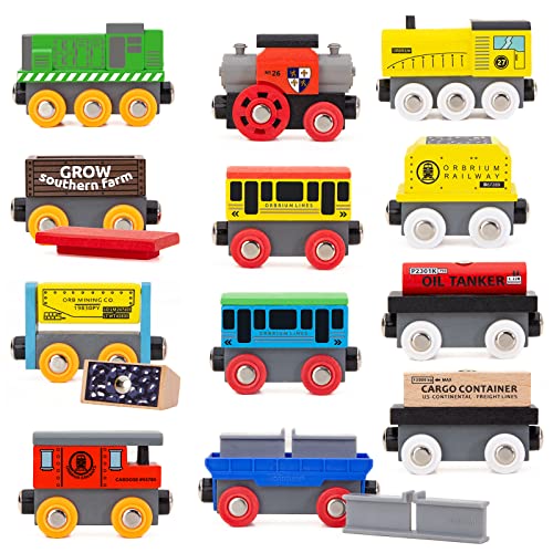 New Toys 12 (20 Pcs) Wooden Train Cars For Kids + Dual-use Wooden Box Cover/Tunnel Wooden Train Set Trains Toy Compatible With Thomas Wooden Railway Brio - Train Adventure Collection