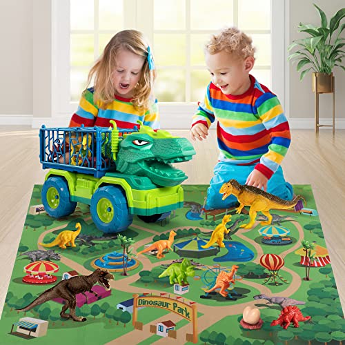 Budget Dinosaur Truck Toys For Kids 3-5 Years Tyrannosaurus Transport Car Carrier Truck With 8 Dino Figures Activity Play Mat Dinosaur Eggs Capture Jurassic Dinosaur Play Set For Boys And Girls - Interactive Racing Play Set